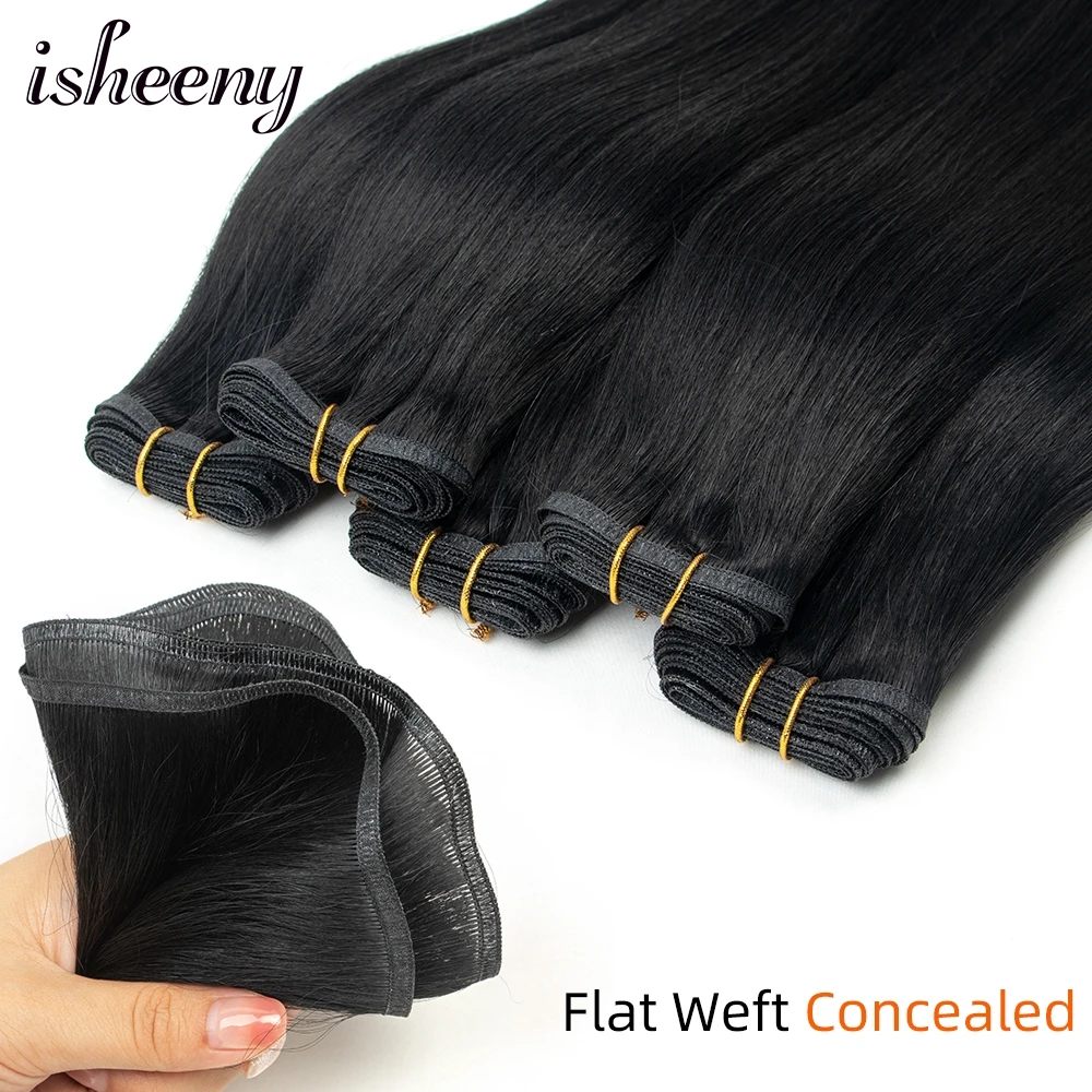 

Isheeny Flat Weft Human Hair Extensions 20 inches Black Human Hair Weave Concealed 50g Straight Bundles No Short Hair On Weft