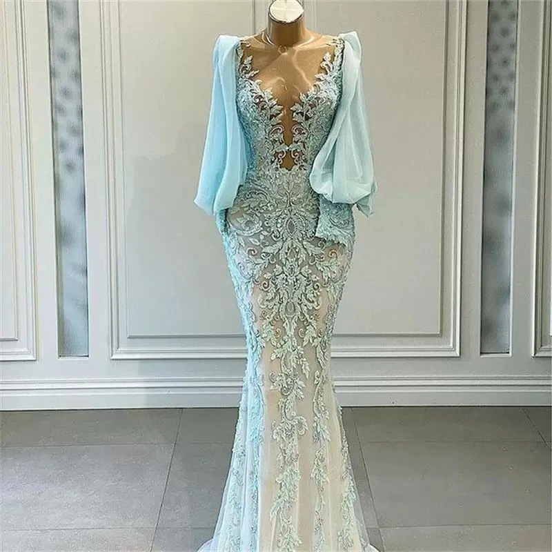 

Sky Blue Evening Dresses Mermaid Long Sleeves Tulle Appliques Long Turkey Dubai Saudi Arabic Evening Gown Prom Dresses