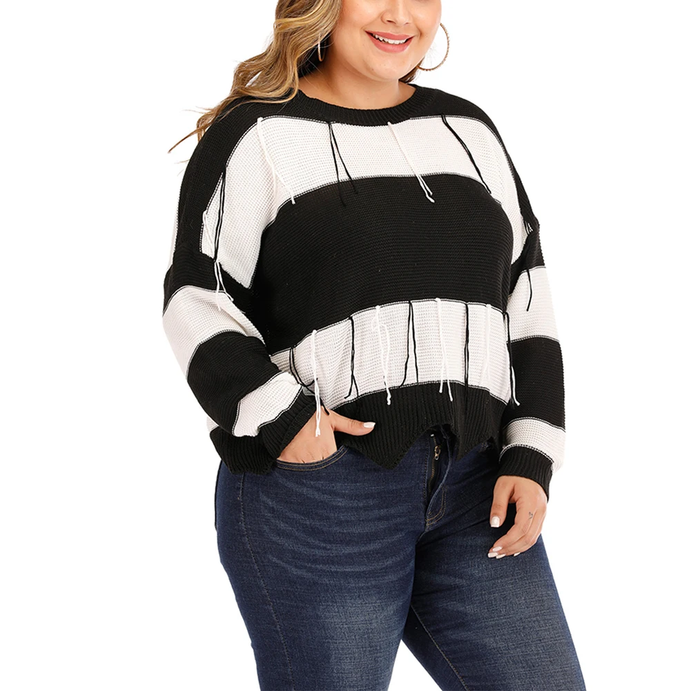 

Women Plus Size Sweater Striped Knit Top Backless Tassel Long Sleeve Loose Pullover Crew Neck Autumn Winter Sweater
