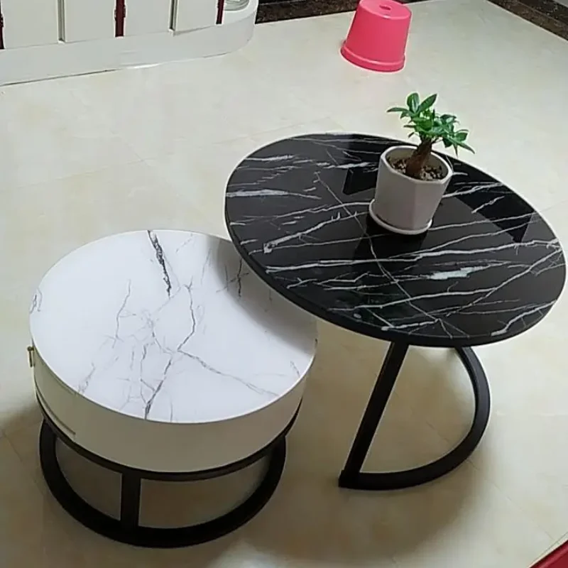 Mesas de centro de estilo nórdico para sala de estar, muebles de combinación de textura de mármol, redondos y duraderos, de 2 piezas, color blanco