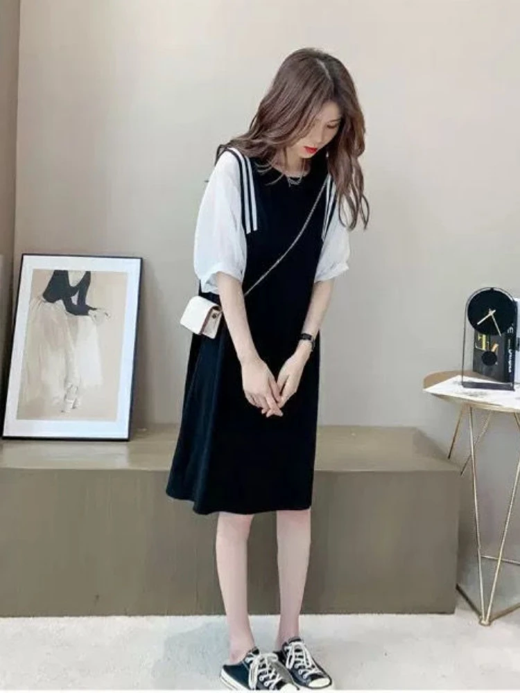 New Pregnant Women Clothes Set for Summer Short Sleeve Cotto Top Strap Chiffon Dress Twinset Loose Maternity Dress Suits enlarge
