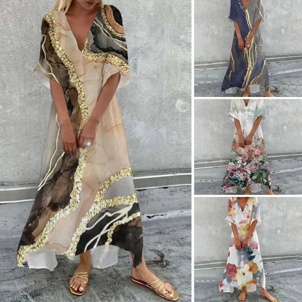 Shrink Resistant  Trendy 3D Marble Pattern A-Line Maxi Dress Large Hem Party Dress Pullover   Streetwear
