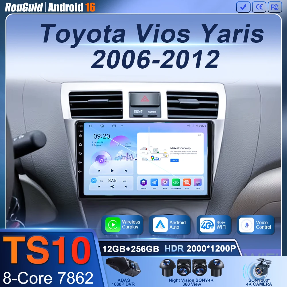 Фото Автомобильный радиоприемник Android 16 4G + WIFI Carplay для Toyota VIOS Yaris 2007 2008 2009 2010-2012, автомобильный стерео радио, GPS-навигация BT WiFi №1