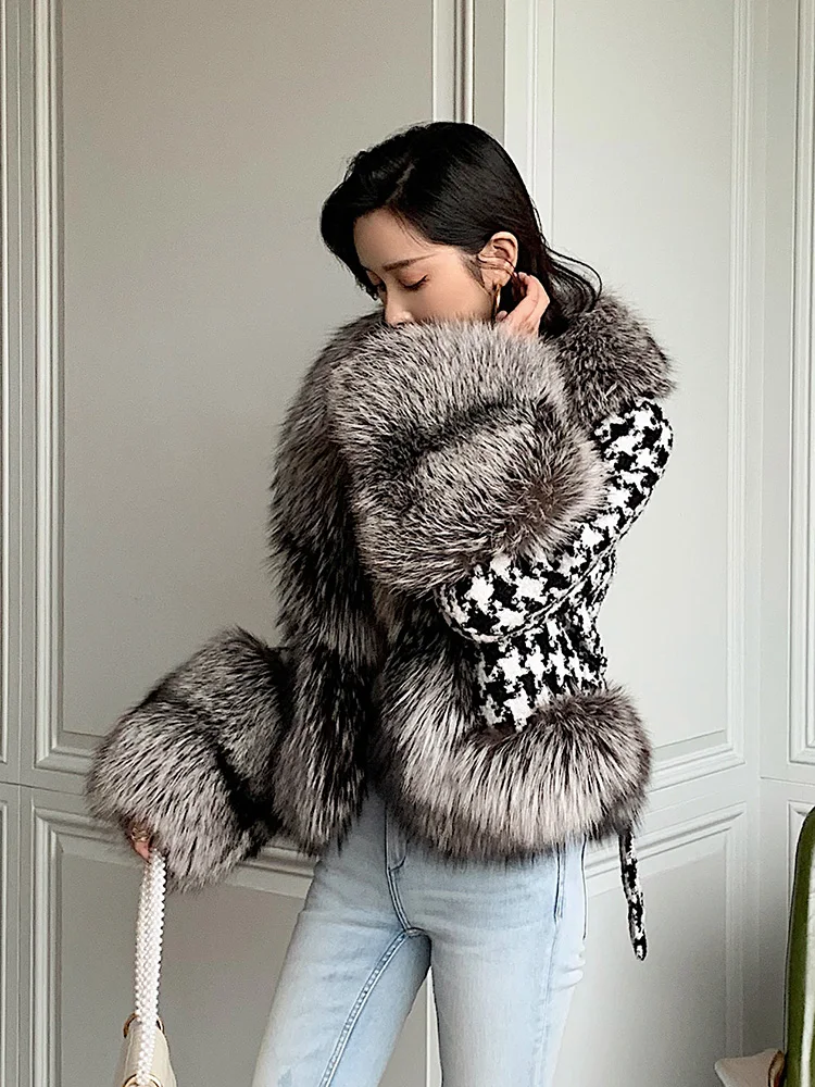 Import Full Pelt Silver Fox Fur Thick Warm Coat Real Fur Plaid Woolen Winter Coat Women Luxury Clothes Jackets for Women Winter