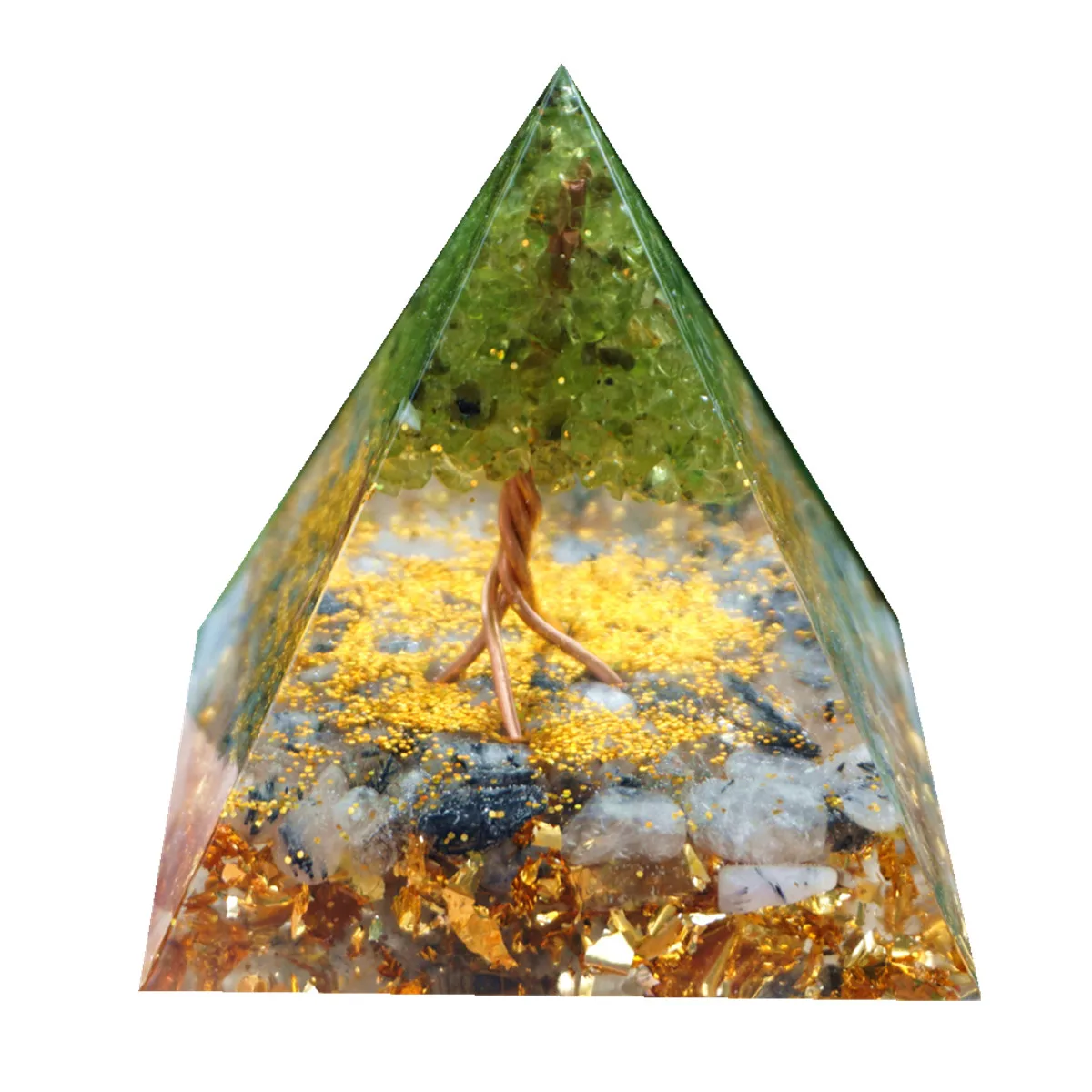 

Tree Of Life Orgone Pyramid Peridot With Black Quartz Rutilated Crystal Stone EMF Healing Chakra Reiki Orgonite Pyramide