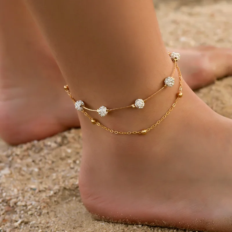 

Romantic Boho Anklet Shambhala Diamond Ball Crystal Anklet Multilayer Foot Chain Ankle for Women Bracelet Beach Accessories Gift