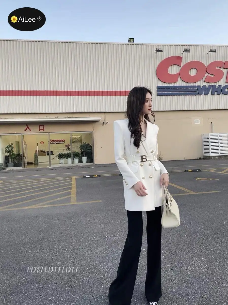 Женский Длинный блейзер с поясом модное Шикарное облегающее пальто двубортное