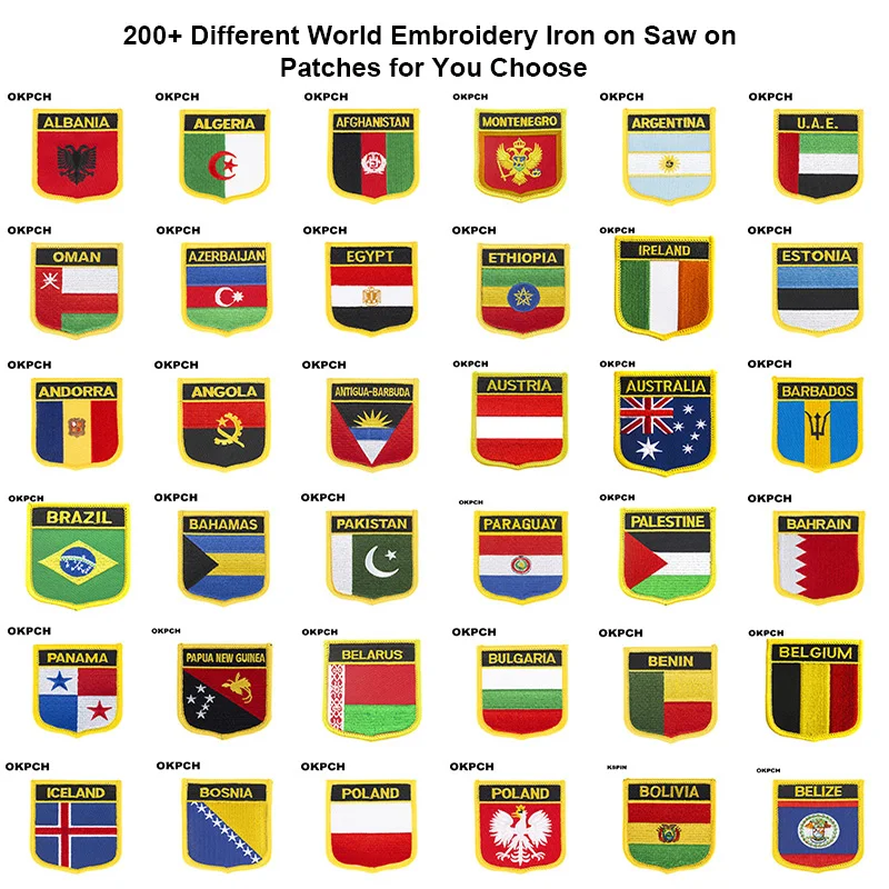 200+ Different Flag Patches Rectangel & Shield Shape Iron on Embroidery Saw Transfer Patche Applications
