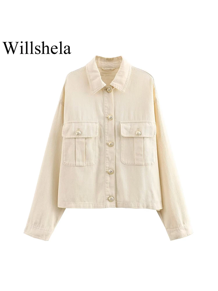 

Willshela Женские Модные Бежевые однобортные куртки с карманами винтажные с отворотом и длинными рукавами женские шикарные наряды
