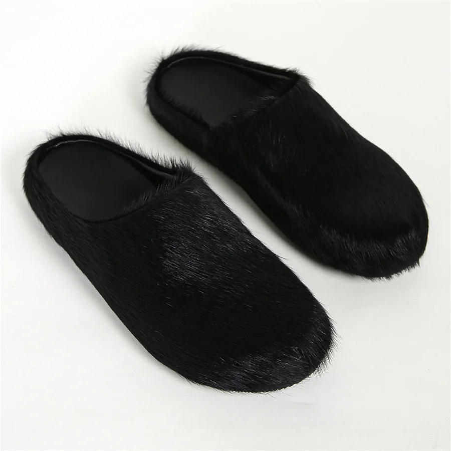 Мужские и женские шлепанцы тапочки из конского волоса на плоской подошве меховые