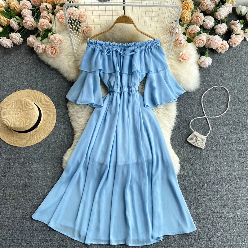 

FMFSSOM Off Shoulder Solid Color Women Dress Sexy Slash Neck Short Sleeve A-line Ruched Dresses Summer Bohemian Beach Dress