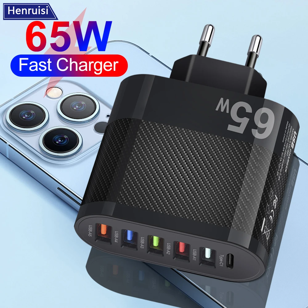 

PD 5USB 65W For iPhone Chargers USB fast charger For xiaomi huawei oppo oneplus USB-C moble phone charging chargers Quick charge
