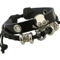 new fashion stainless steel men bracelet beaded skull leather bracelet wholesale retro bangles for male female jewelry gifts