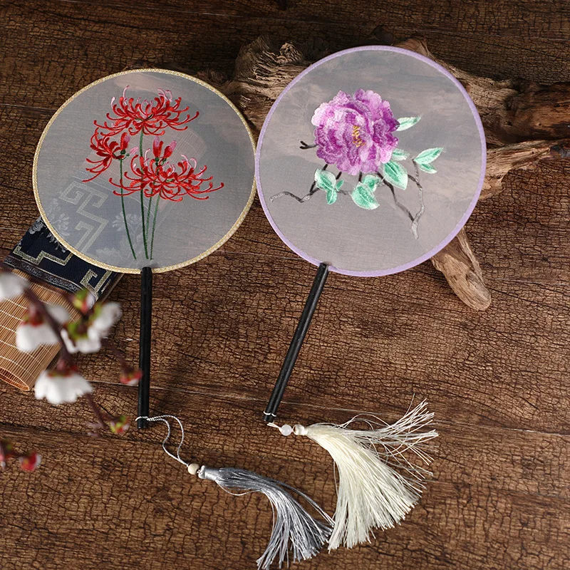 

Винтажный Шелковый веер, китайский классический вышитый круглый веер для свадебной вечеринки, ручные веера, аксессуары, домашний декор, фот...