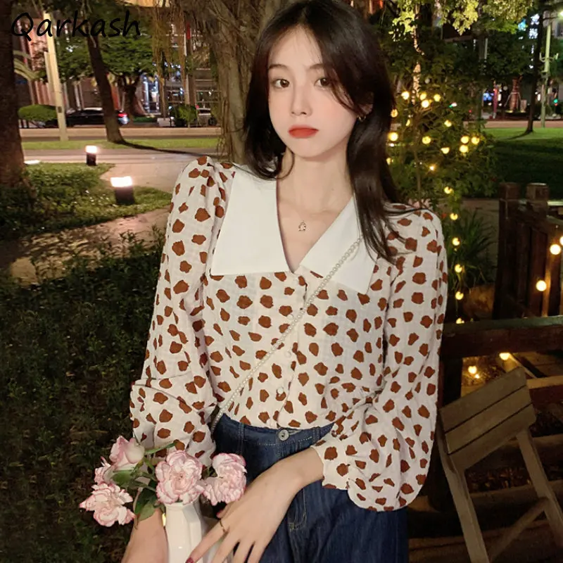 

Shirts Women French Aesthetics Crop Sweet Girlish Long Sleeve Designer Leopard Temper College Baggy Camisas Trendy High Street