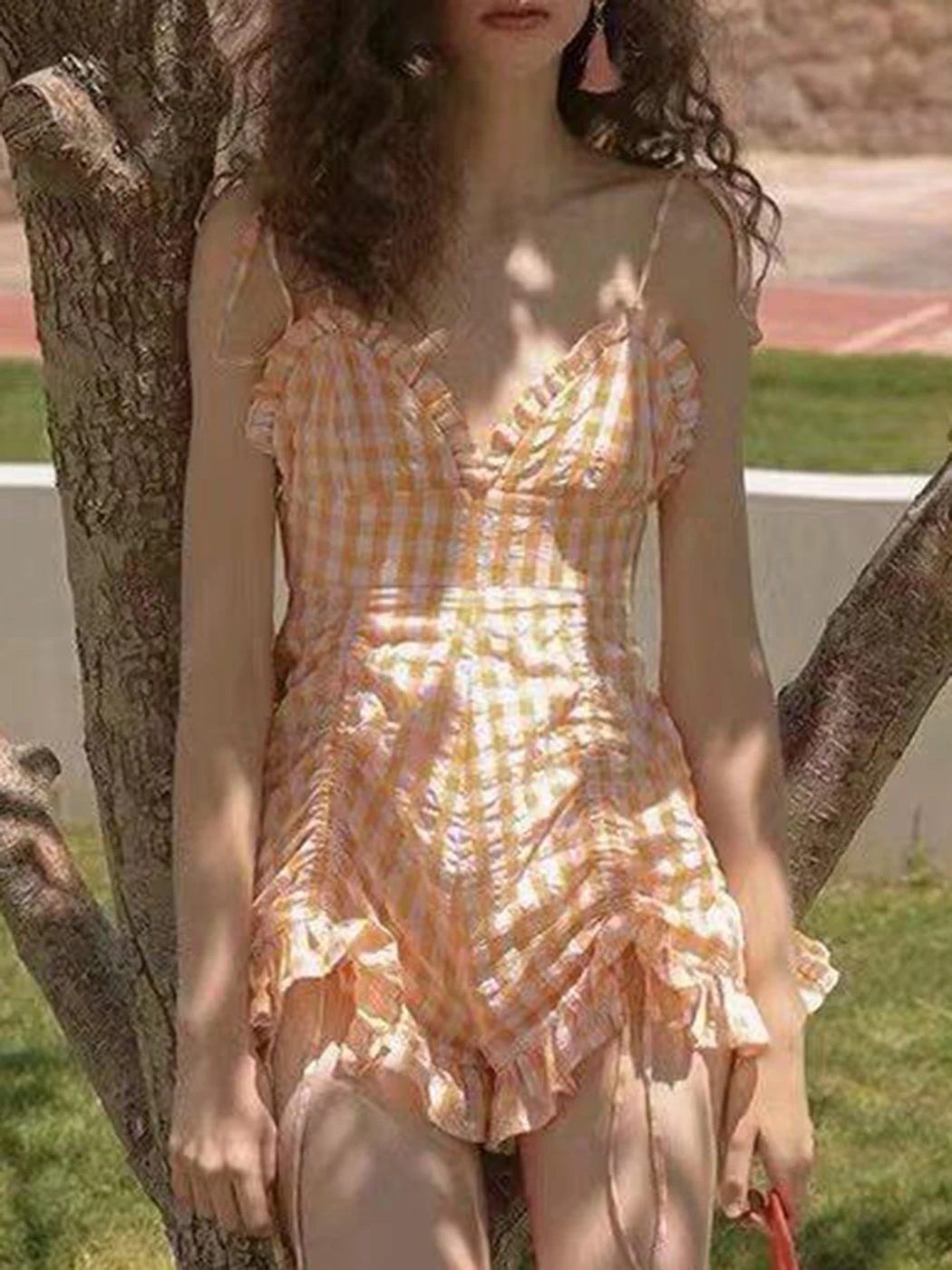 

Jastie Orange Plaid Print Sweet Girl Jumpsuit Cotton Ruffle Trim V Neck Sleeveless Chic Hem Summer Playsuits Holiday Y2k Rompers
