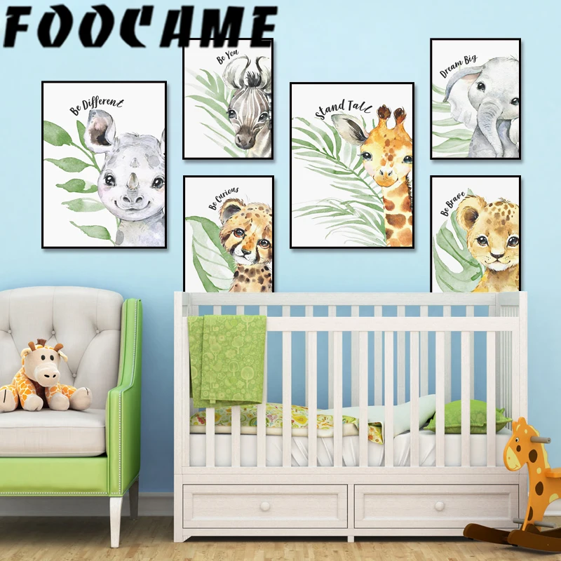

Elephant Lion Zebra Giraffe Animal Plant Watercolor Painting Baby Room Wall Canvas Art Print Poster Picture Kawaii Nursery Decor