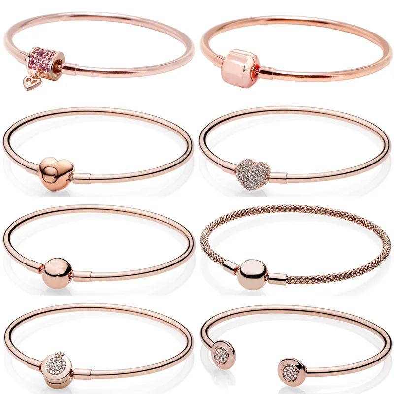 

Original Rose Pave Freehand Heart Barrel Crown O Ball Clasp Bangle Fit pandora Bracelet 925 Sterling Silver Charm DIY Jewelry