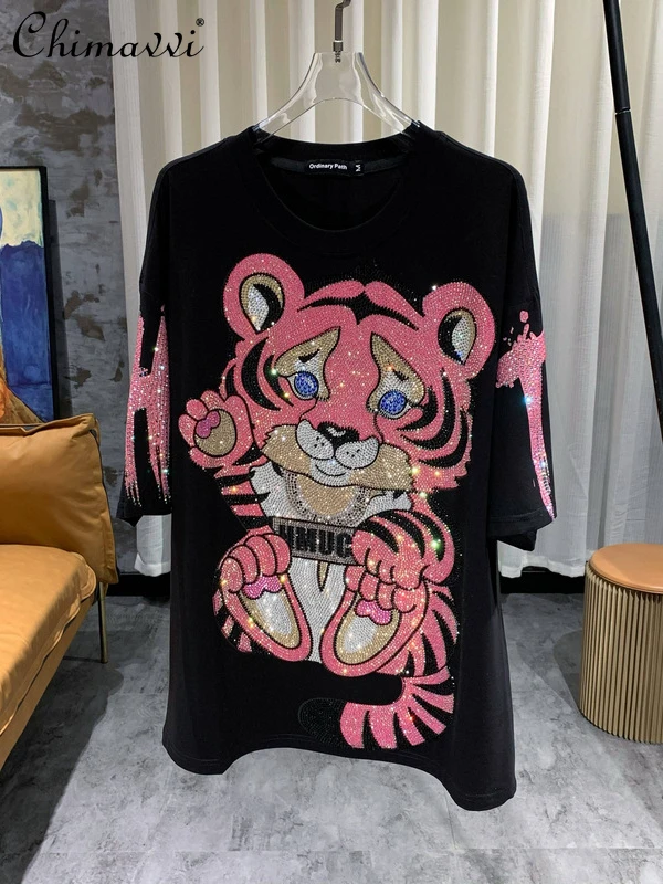 Women's Pink Diamond-Embedded Cute Cartoon Pattern Loose T-shirt 2022 Summer New Fashion Round Neck Pullover Top Female
