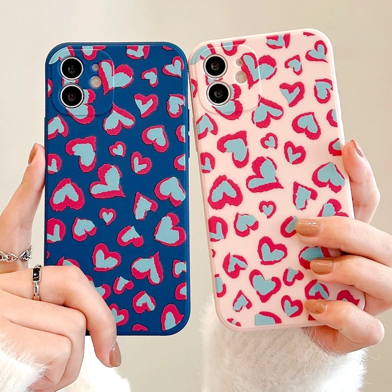 

Soft Love Heart Leopard Print Phone Case For iPhone 11 12 13 Pro Max XS X XR 7 8 Plus SE 2020 Mini Bumper Back Cover