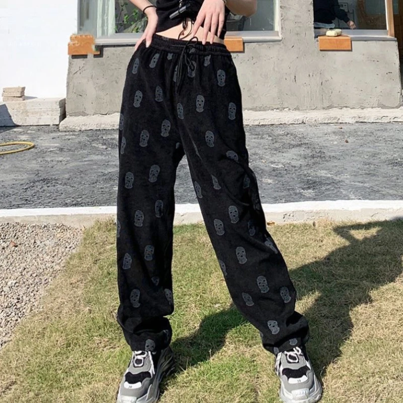 

Брюки женские в стиле ретро, готический принт, уличные свободные прямые широкие штаны в стиле хип-хоп, с завышенной талией, повседневные дик...