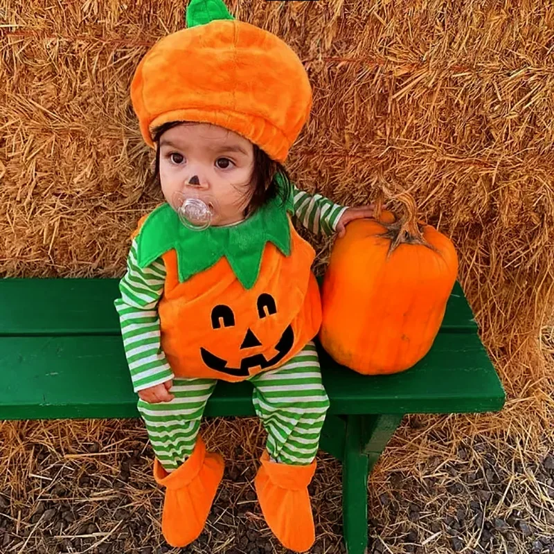 

ملابسCute 3Pcs Cosplay Halloween Baby Costume Pumpkin Suit Tops+Hat+Shoe Clothes Warm Soft Cotton Clothing0-3Y Baby Girl Clothes