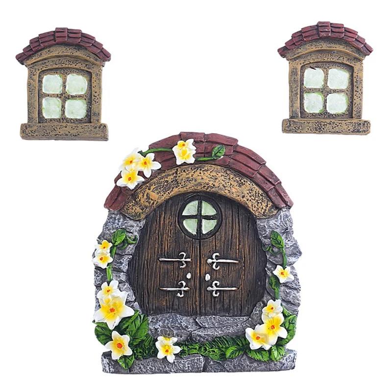 

3Pcs Fairy House Door Windows Decor Resin Miniature Figurine For Home Garden Outdoor Decoration Accessories