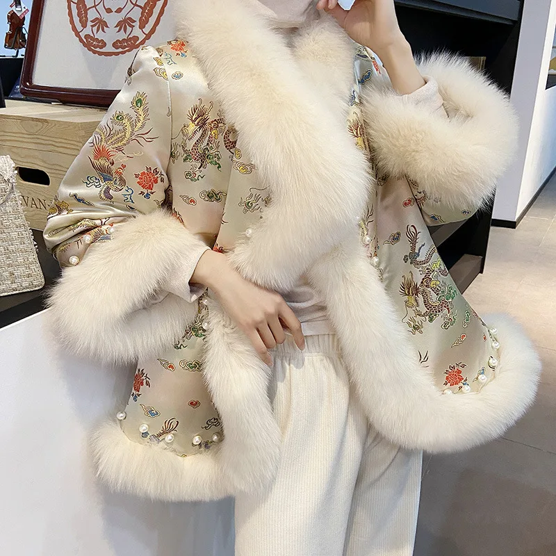 Chinese style beaded Tang style cape coat winter