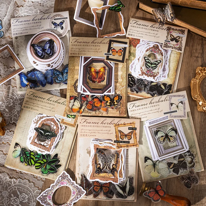 

50pcs Vintage Frame Hollow Sticker Photo Frame PET Butterfly Stickers Material Paper Scrapbooking Craft Diary Junk Journaling