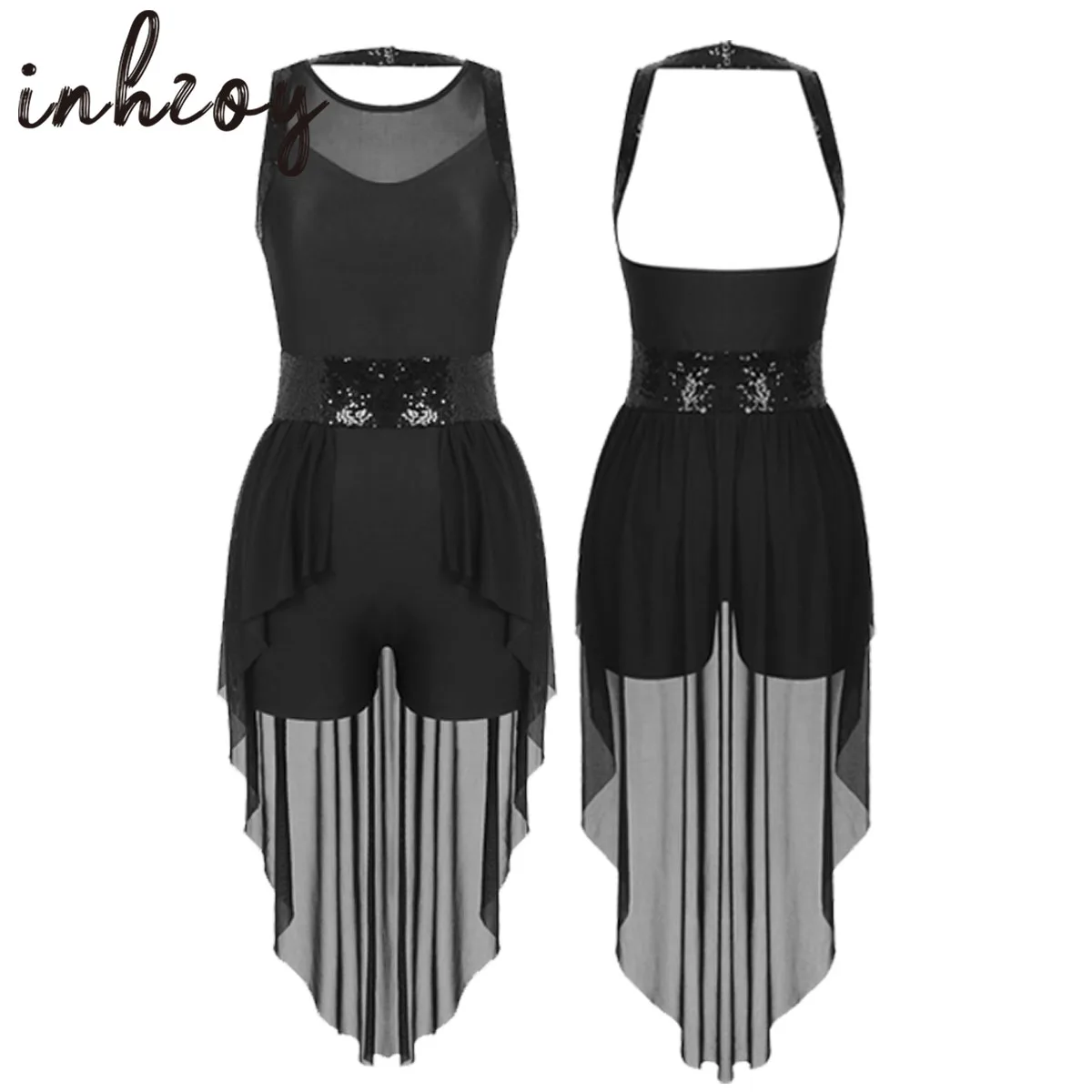 

Halter Sequins Ballet Dance Gymnastics Leotard Dress Women Shorty Unitard Mesh Skirted Figure Skating Dress Dancing Costumes