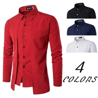 mens long sleeved shirt high qualiuty male men fake two piece double placket thin section non iron solid color cotton lapel