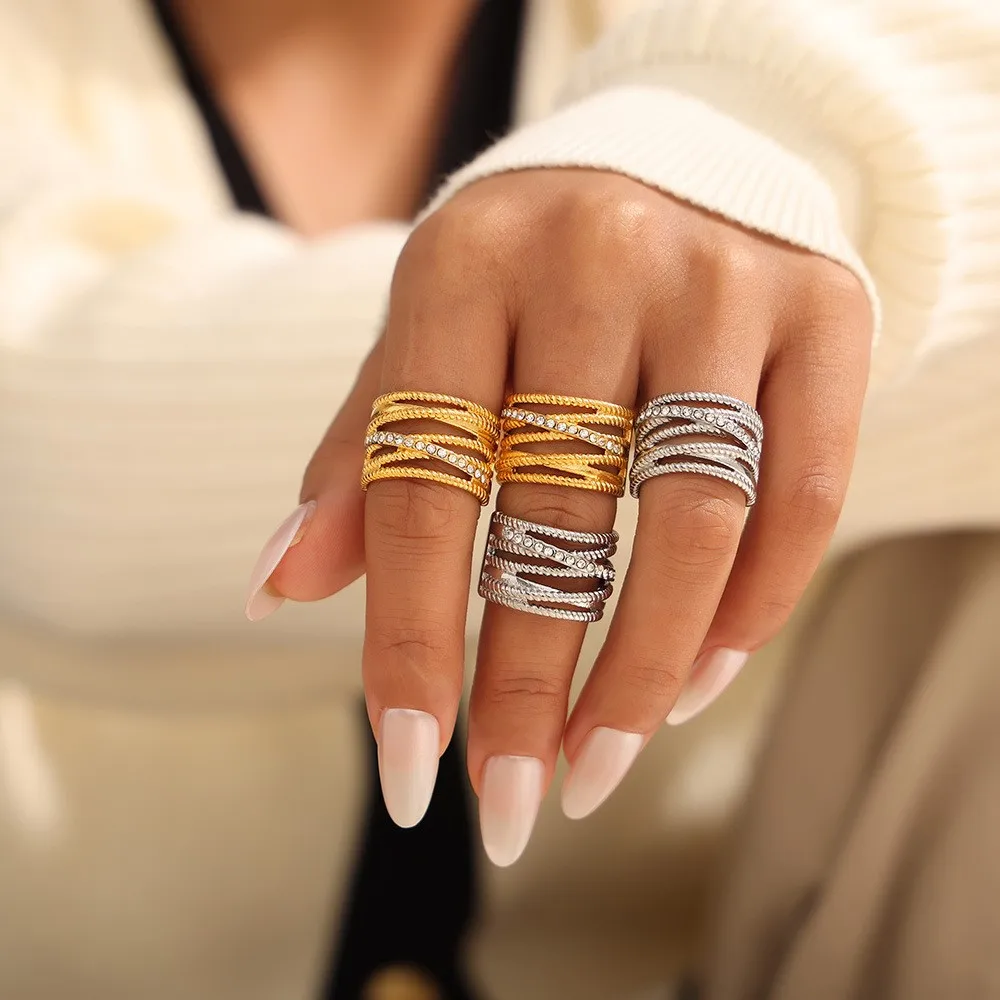 Женское кольцо из нержавеющей стали обручальное с разными линиями покрытое