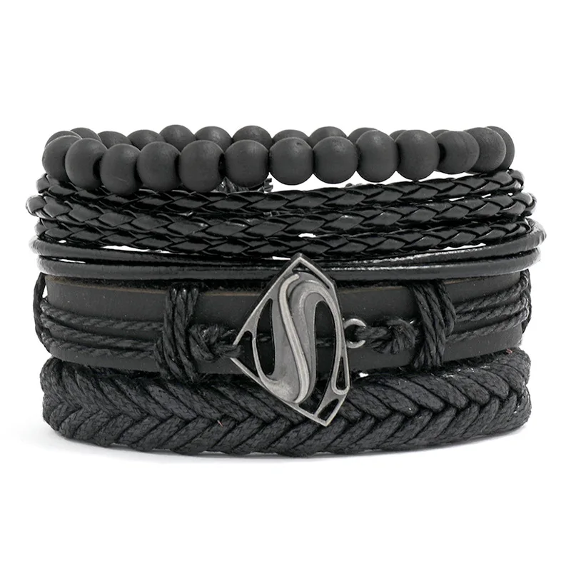 

Vintage Black Wood Bead Bracelets For Men Fashion Hollow Triangle Leather Bracelet & Bangles Multilayer Wide Wrap Jewelry 2022