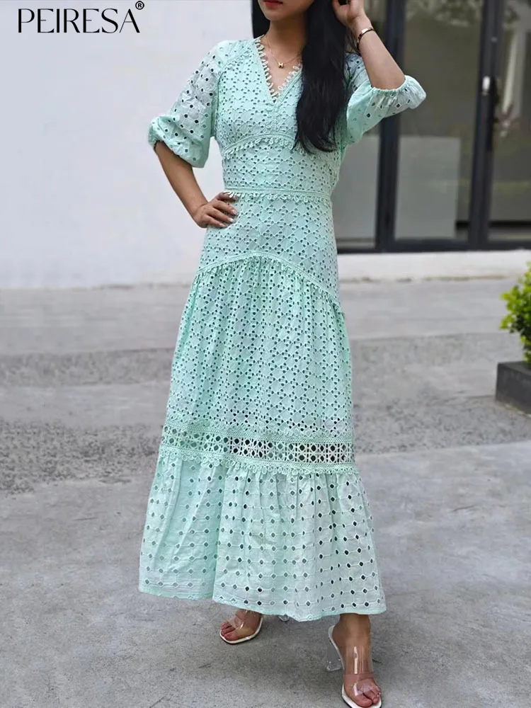 

PEIRESA 2023 Summer New V Neck Embroidery Dress Women Hollow Out Lantern Sleeve Slim Waist A Line Elegant Long Dresses Vestidos