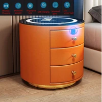smart round bedside table bluetooth speaker fingerprint lock wireless charging leather wood cabinet nightstands for bedroom