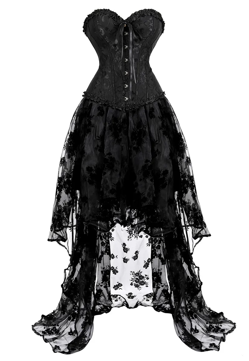 Corset Dress Skirt Set Tutu Lace Sexy Overbust Corsets for Women Gothique Plus Size Costume Burlesque Corselet Victorian Black