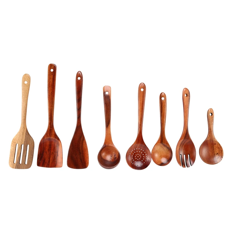 

Набор из 8 ложек для приготовления пищи, набор кухонной утвари из тика, деревянные кухонные принадлежности для приготовления пищи, поднос, к...