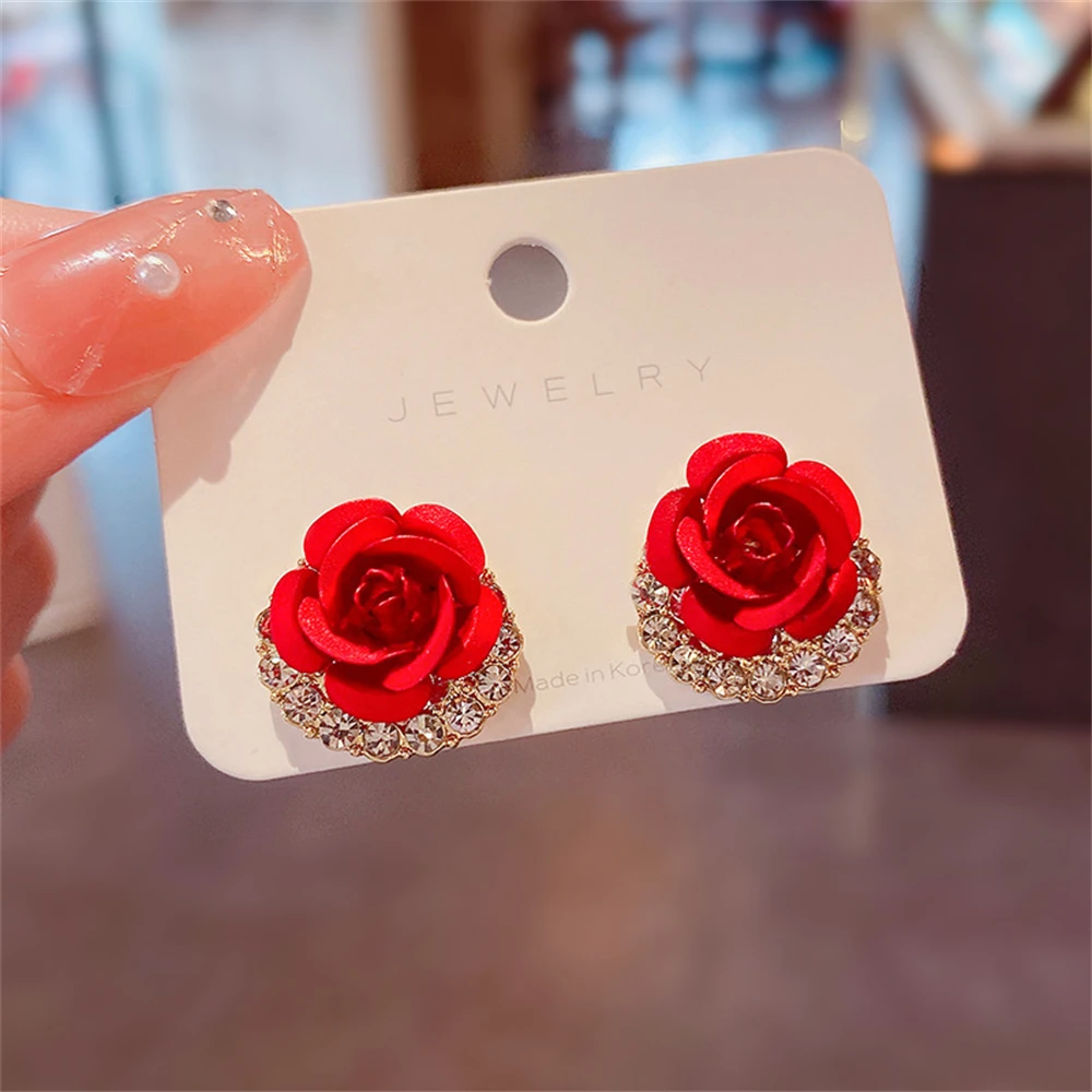 1 Pair Luxury Red Rose Flower Rhinestone Stud Earrings For Women Heart Ear Studs Piercing Earrings 2022 Korean Fashion Jewelry