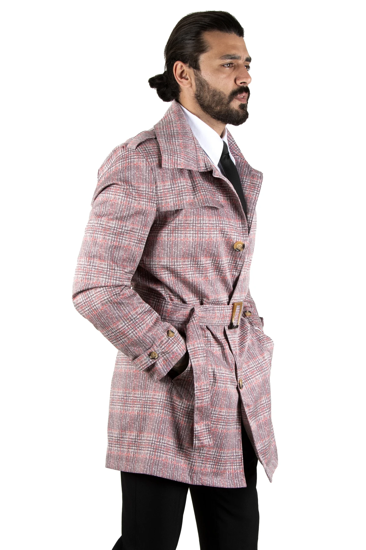 DeepSEA plaid patterned Slim Fit men's trench coat 2204009
