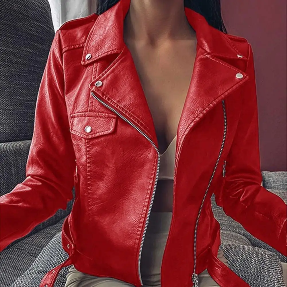 Slim Fit  Soft Women Faux Leather Motorcycle Clothing Fashion Women Jacket Zipper Closure   Streetwear