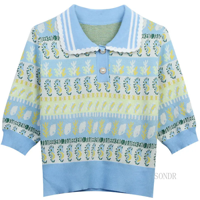 

Женский жаккардовый укороченный топ, трикотажная футболка с отложным воротником и рукавом до локтя, лето 2023