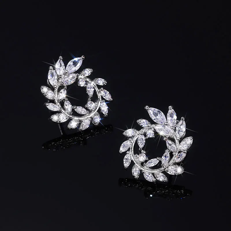 

New Fashion Olive Branch Leaf Earrings for Women Full Paved Shiny White CZ Luxury Female Earrings Wedding Engagement Jewelry