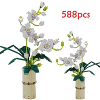 boxed white orchid flower phalaenopsis potted blossom flowers building blocks bouquet with vase bricks toys gift home decor