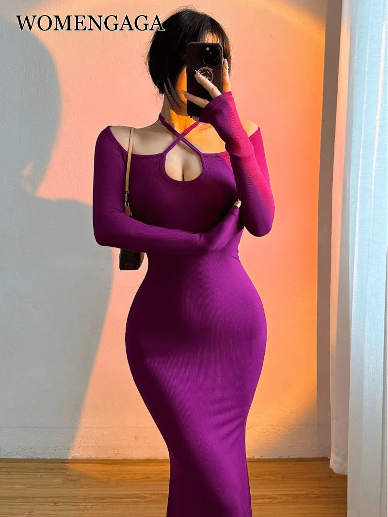 

Женские сексуальные длинные платья на шнуровке с воротником, облегающее платье с длинным рукавом, модные женские топы HMQ9