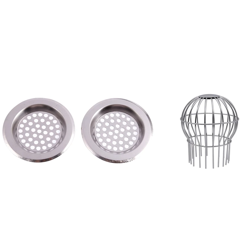 

2X Stainless Steel Basin Sink Drain Strainer & 1X Drain Outdoor Roof Anti - Blocking Line Cap Round Net Cover
