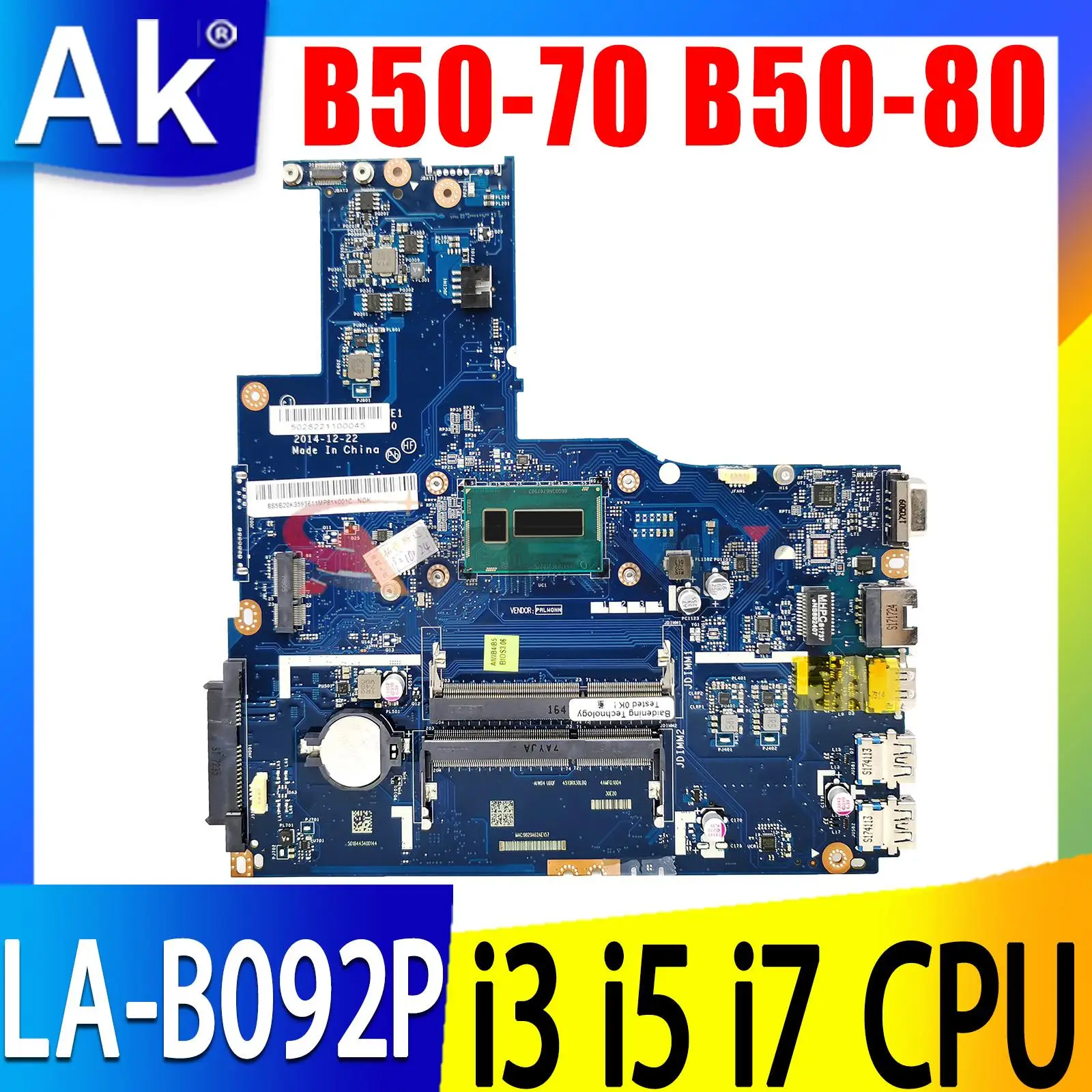 

For Lenovo Ideapad B50-70 B50-80 Notebook Mainboard ZIWB2/ZIWB3 LA-B092P Mainboard with 2957U 3825U i3 i5 i7 4th/5th Gen CPU