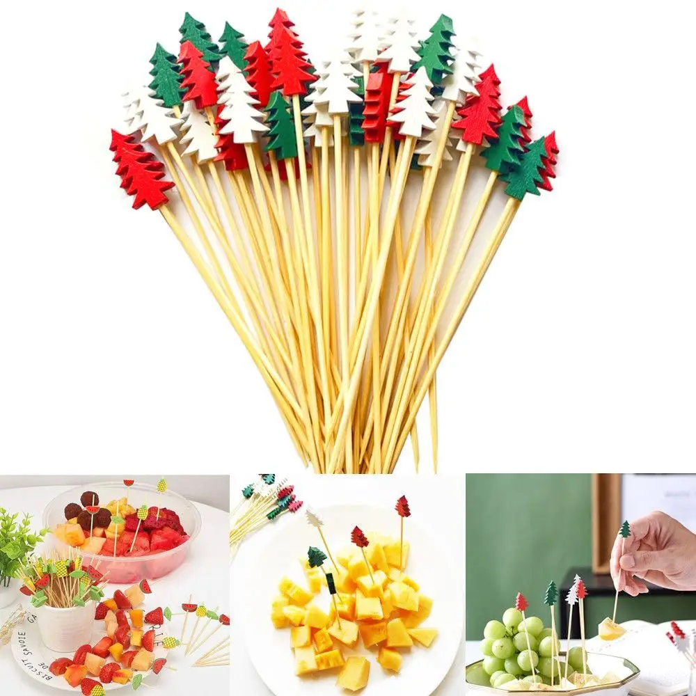 

50/100pcs Merry Christmas Disposable Bamboo Forks Skewers Food Picks Dessert Salad Fruit Fork Christmas Decoration
