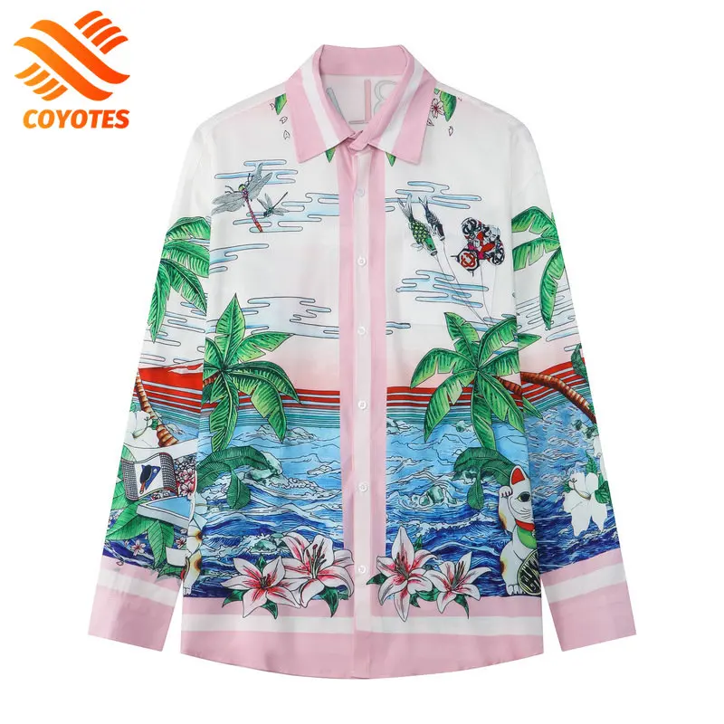 

COYOTES Men Loose Hawaiian Shirts Oversize Long Sleeve Print Social Shirt Autumn Casual Blouse Top Men's Clothing