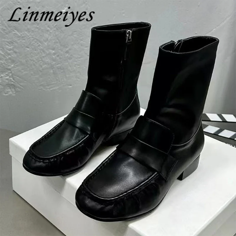 

Женские плиссированные короткие ботинки из натуральной кожи, женские рыцарские ботинки высокого качества с круглым носком, женская модельная обувь, черные ботинки на плоской подошве для женщин