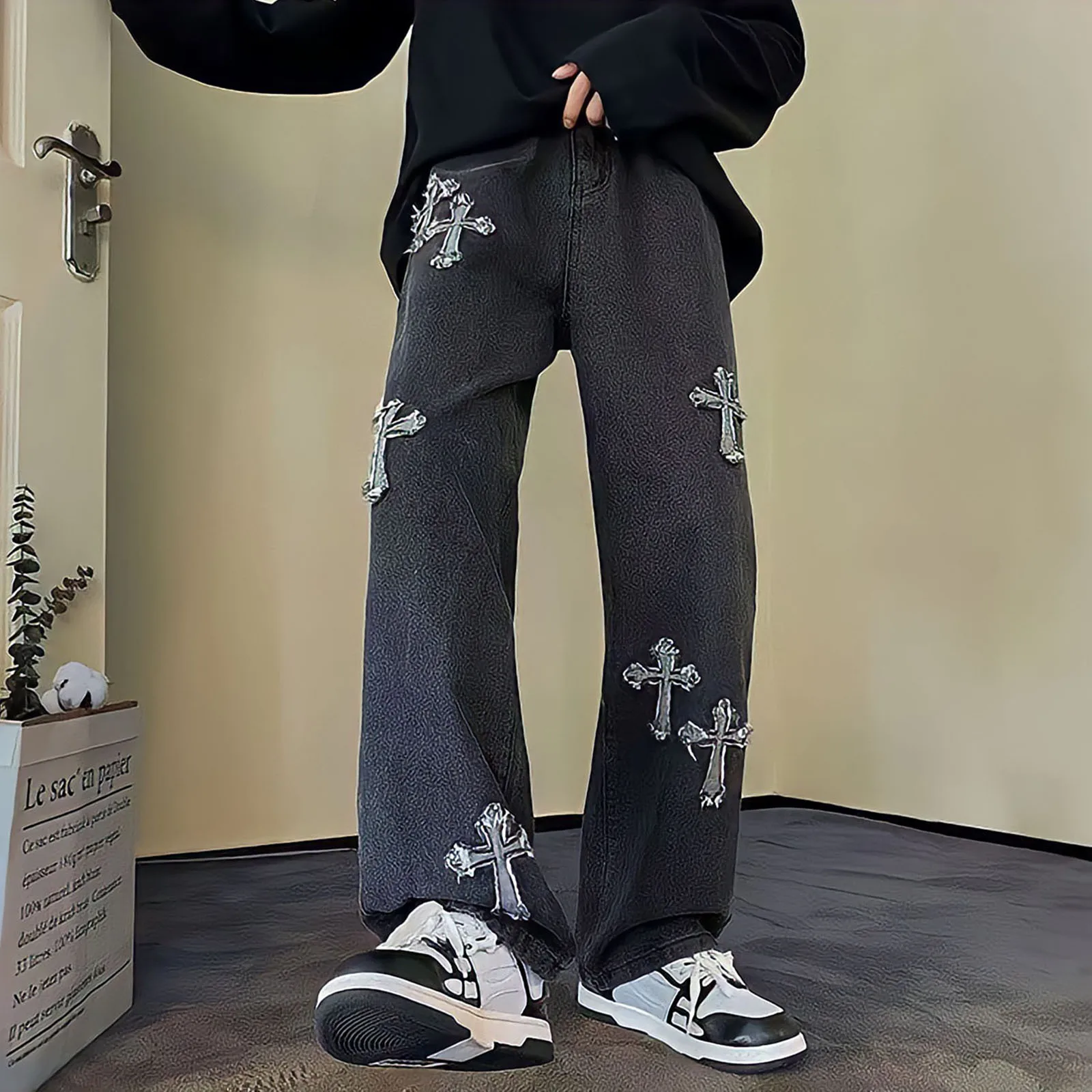 Embroidery Cross Jeans For Men Oversize Black Goth Pants Streetwear 90s Vintage Baggy Casual Straight Leg Ripped Denim Trousers
